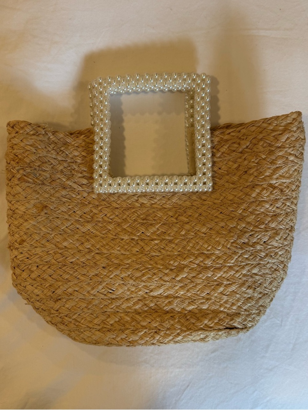 Straw Tote Bag with Faux Pearl Handles